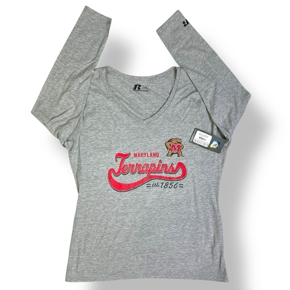University Maryland Terrapins Tee Shirt Long Sleeve Logo MD Gray Women SZ Large - Picture 16 of 16